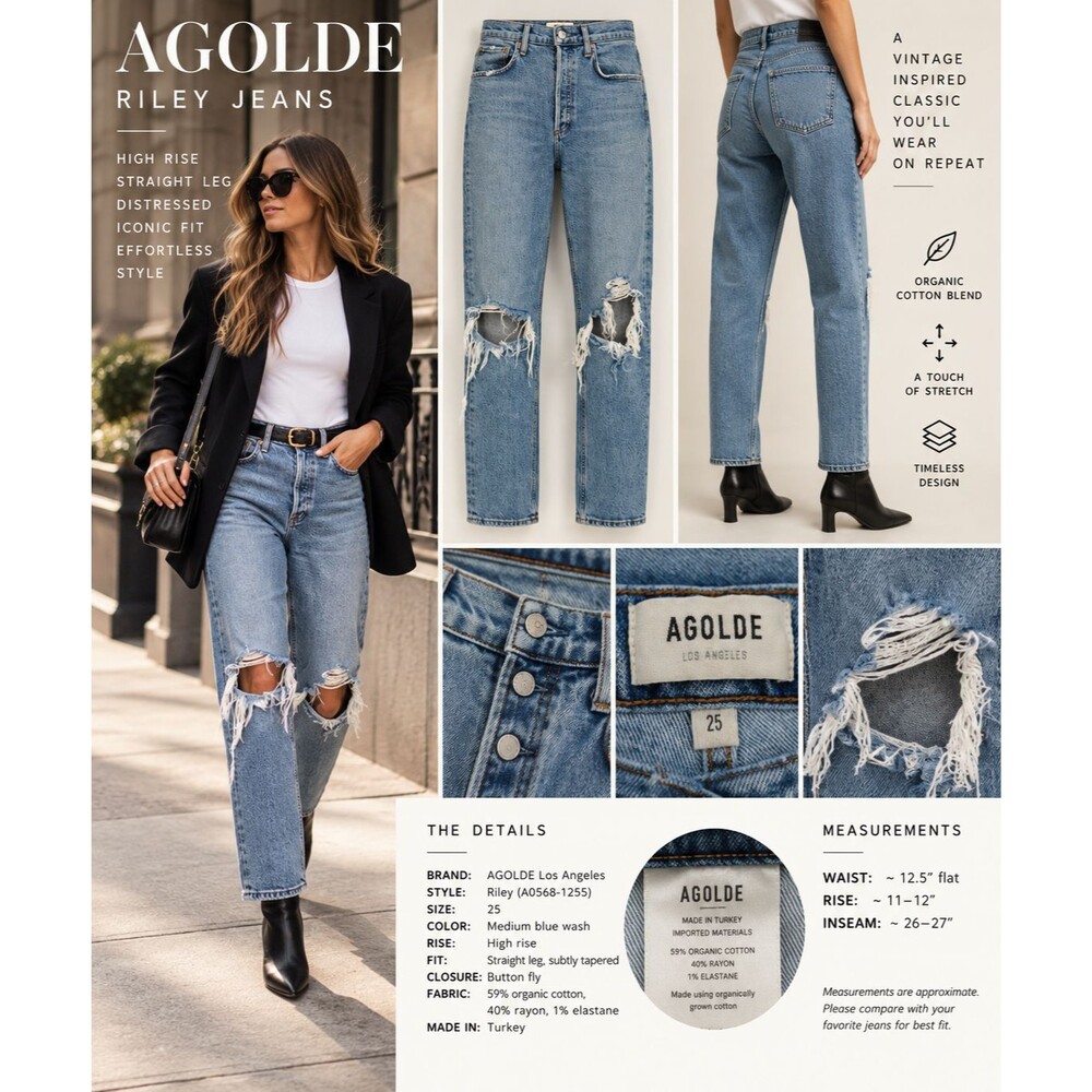 AGOLDE Riley Jeans 25 High Rise Straight Leg Distressed Blue Denim Button Fly